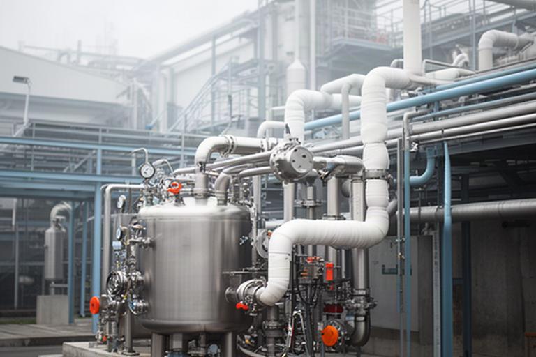Carbon capture pilot equipment connected to pipes at an industrial research site
