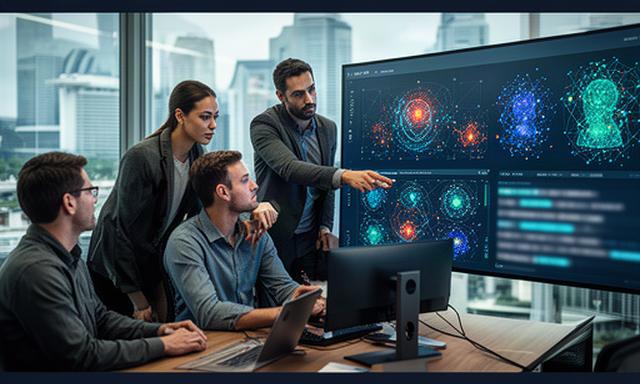 Fintech security specialists reviewing digital identity alerts in a Singapore office