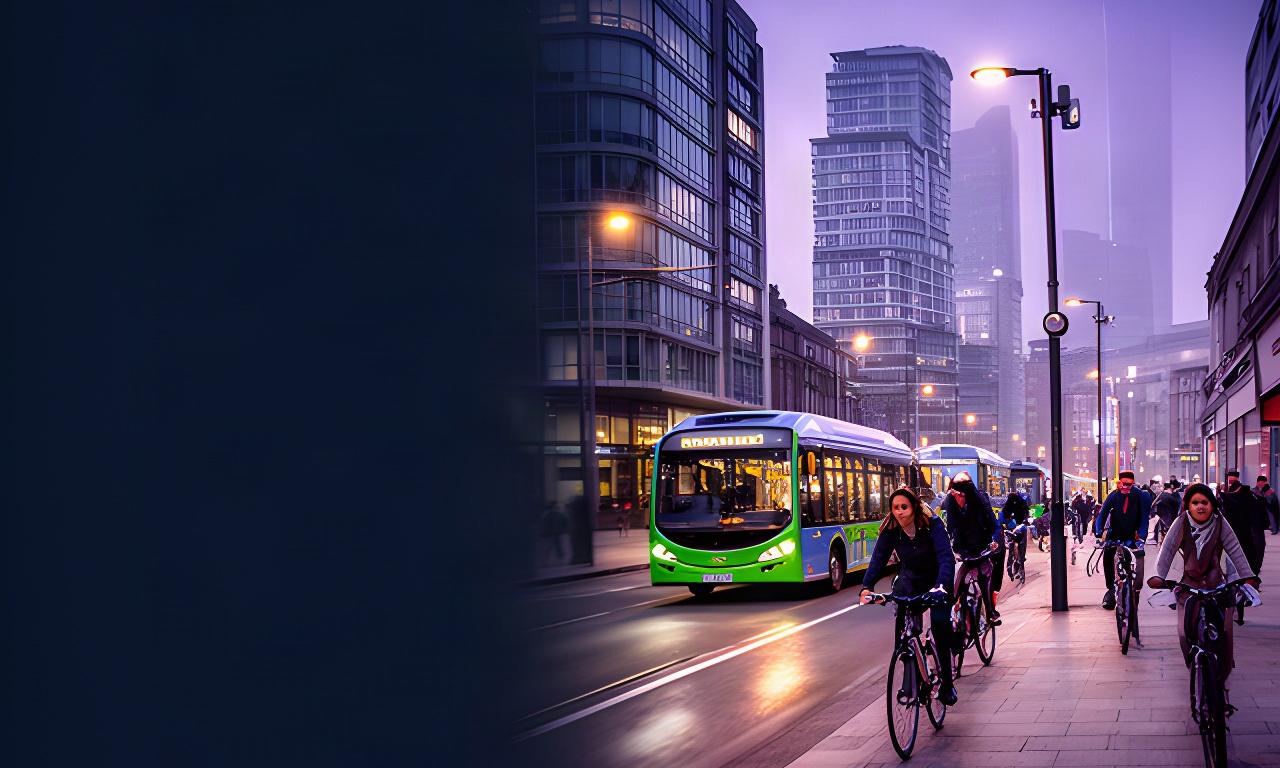 Electric buses and cyclists moving beside a modern UK city skyline at dusk with connected street lighting