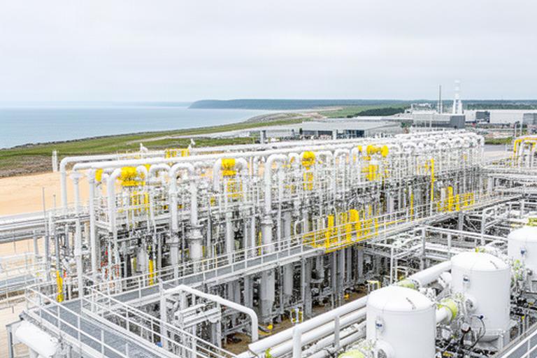 Green hydrogen production facility with electrolysers near a coastal industrial site