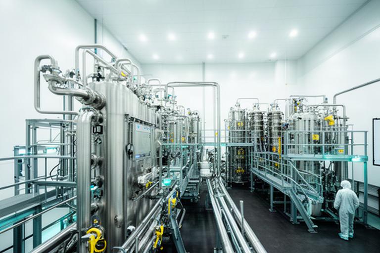Electrolyser stacks inside a clean hydrogen demonstration hall