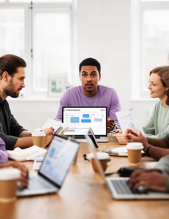 Small business team reviewing a generative AI workflow around a meeting table
