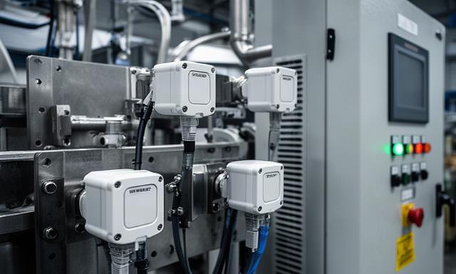 Industrial IoT sensors mounted on machinery beside a manufacturing control cabinet