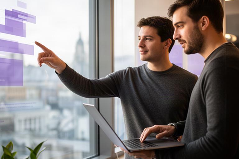 Two London startup founders reviewing customer metrics beside a window