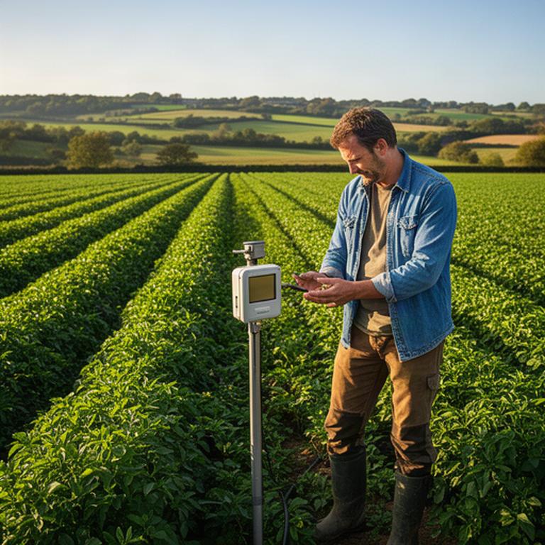 UK farmer examining a precision irrigation sensor beside healthy crop rows in a sunlit field