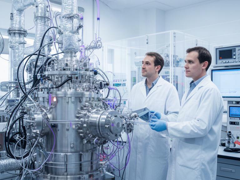 Quantum computing researchers examining cryogenic equipment in a UK university laboratory