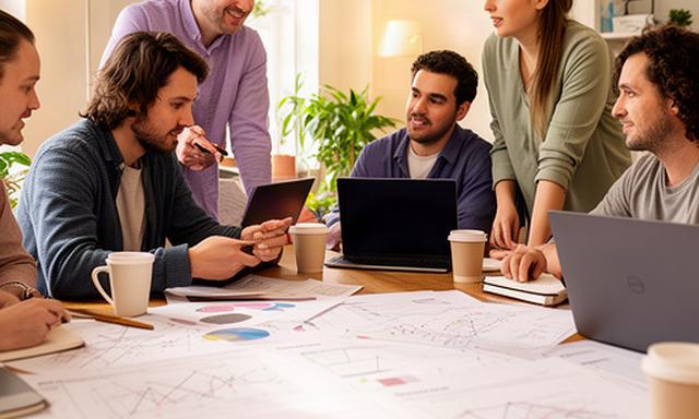 Scottish artificial intelligence startup team working around a table with printed model charts
