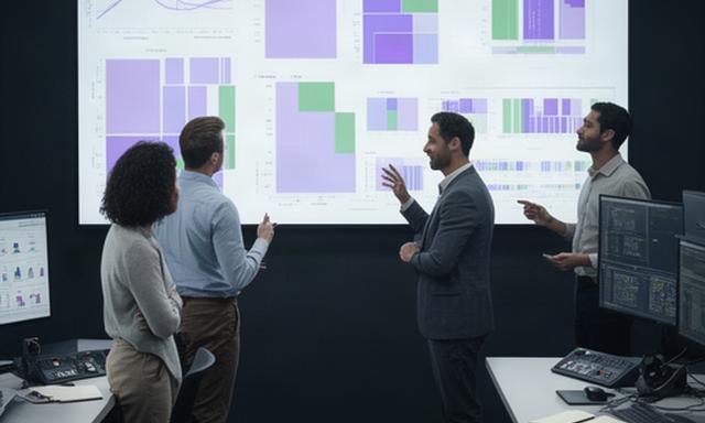 Manufacturing team reviewing smart factory production data on a wall display